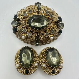 West Germany vintage gold tone smoky gray rhinestones brooch clip on earrings